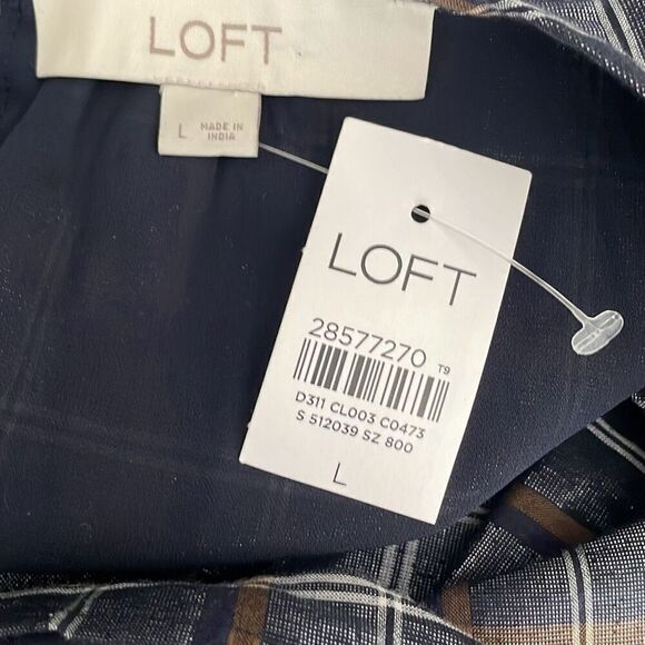 LOFT Metallic Finish Plaid Short Sleeve Blouse NEW L - Picture 6 of 7